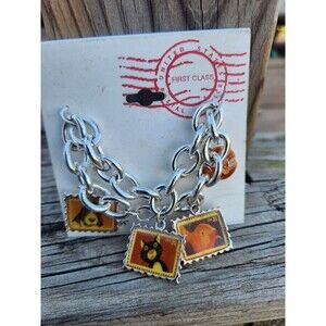 USPS 1998 Animal Stamps Charm Bracelet Dog Bassett Hound Cat Goldfish 7.5” NOS